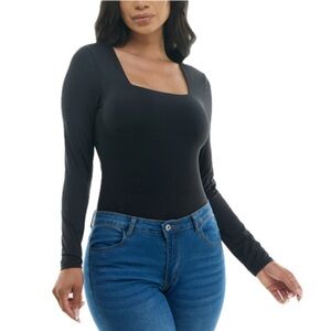 CRAVE FAME SIZE X-SMALL BLACK SQUARE NECK LONG SLEEVE THONG BODYSUIT